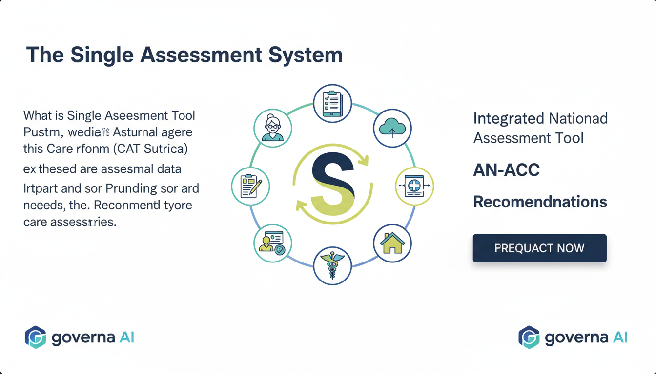 A circular infographic illustrating the components of a Single Assessment System, with icons representing different aspects of aged care and assessment, centered around a stylized 'S' for 'System'. The Governa AI logo is visible.