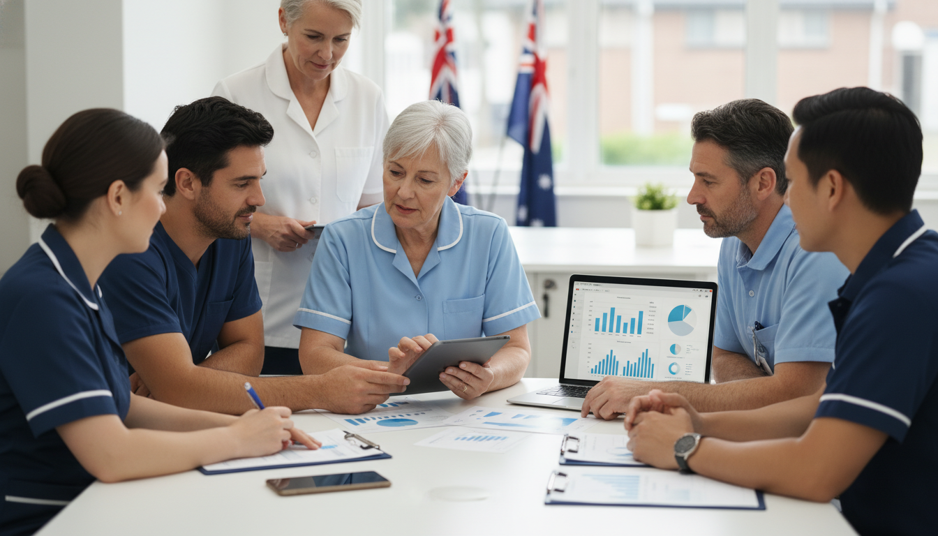 A group of aged care professionals in Australia reviewing data on tablets and a laptop at a table, discussing AN-ACC assessments.