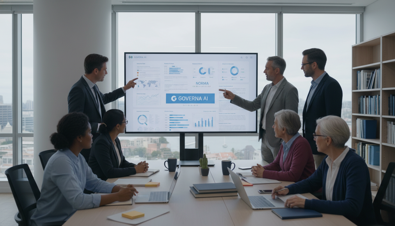 Boardroom professionals reviewing Governa AI dashboard.