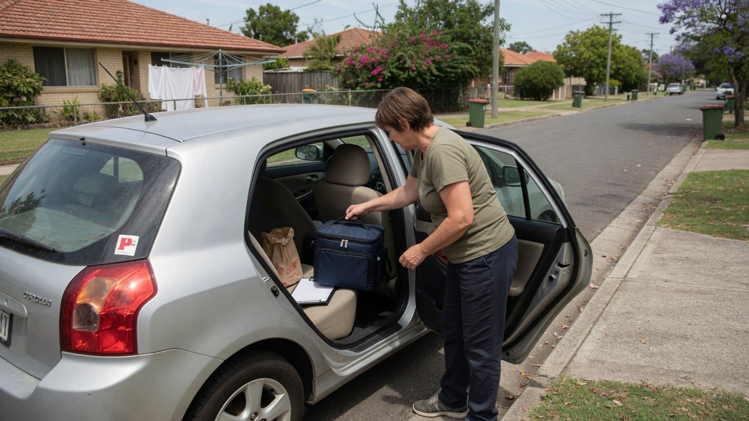 Home care worker securing a medication bag for medication cold chain home care transport