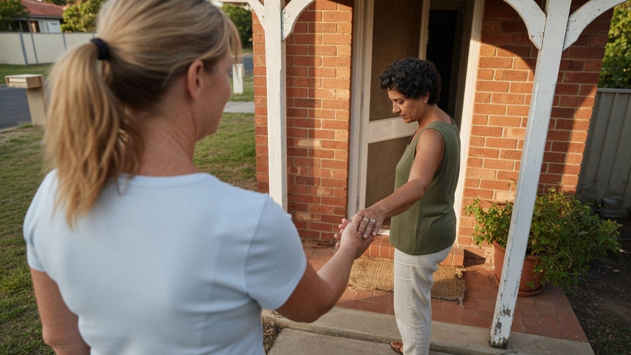 Two women greeting each other with a handshake at the front door of a suburban Australian home