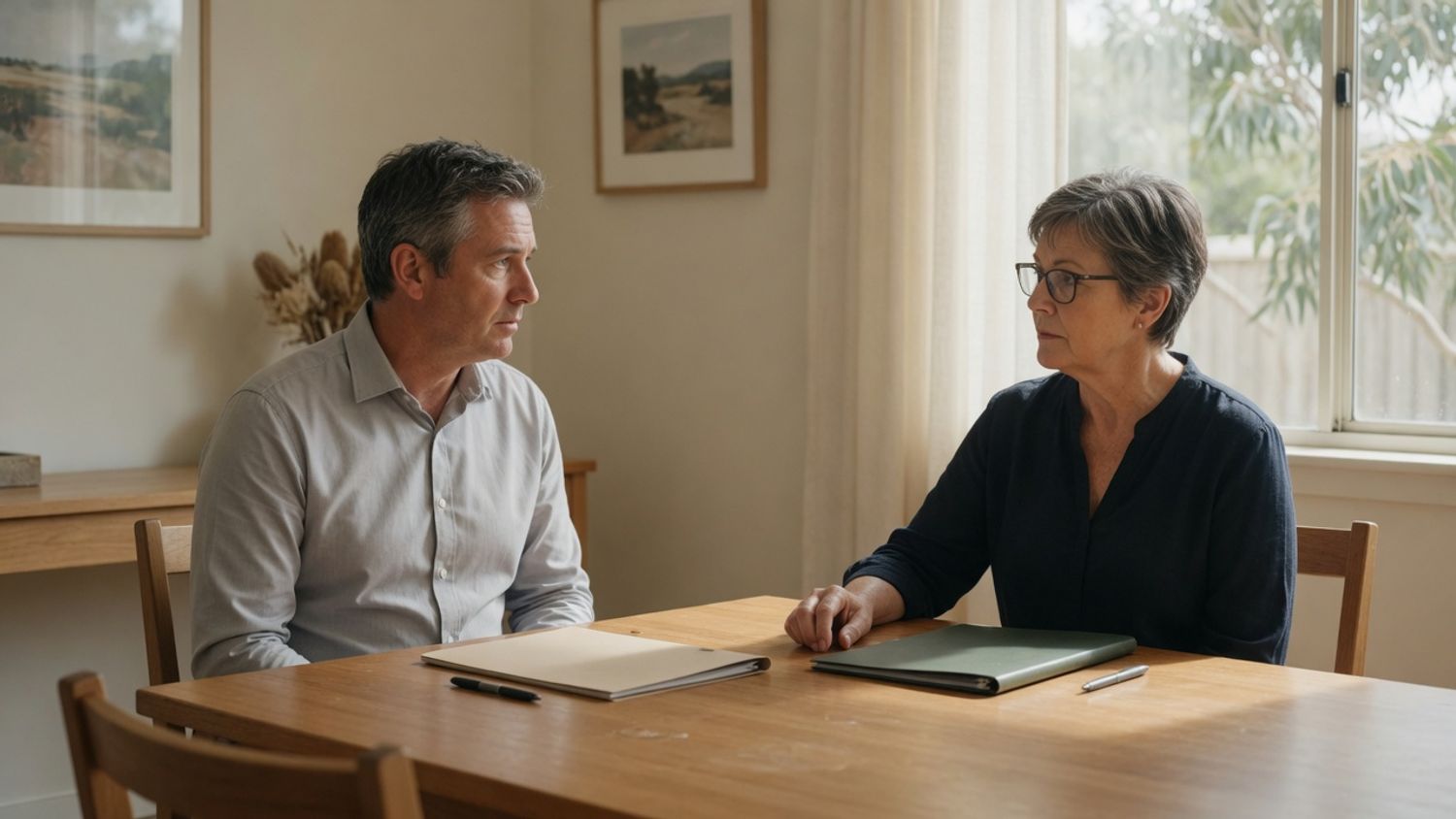 Two aged care managers in a serious meeting room discussion