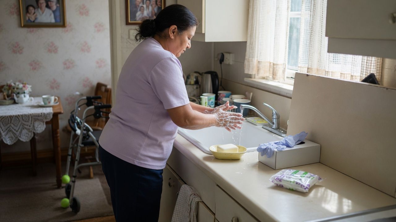 Home care worker washing hands with soap at a domestic kitchen sink, with disposable gloves and cleaning wipes on the bench, illustrating infection prevention and control in home care