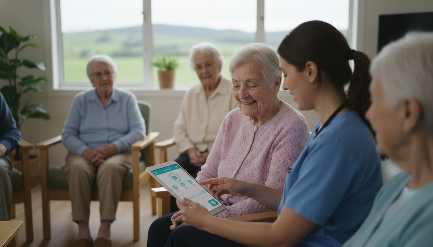 Nurse using medical AI hologram and tablet with senior.