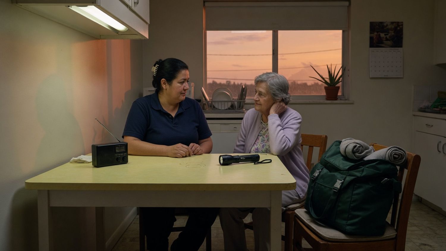 Home care worker and older client reviewing emergency planning at a kitchen table with a torch, radio and packed bag