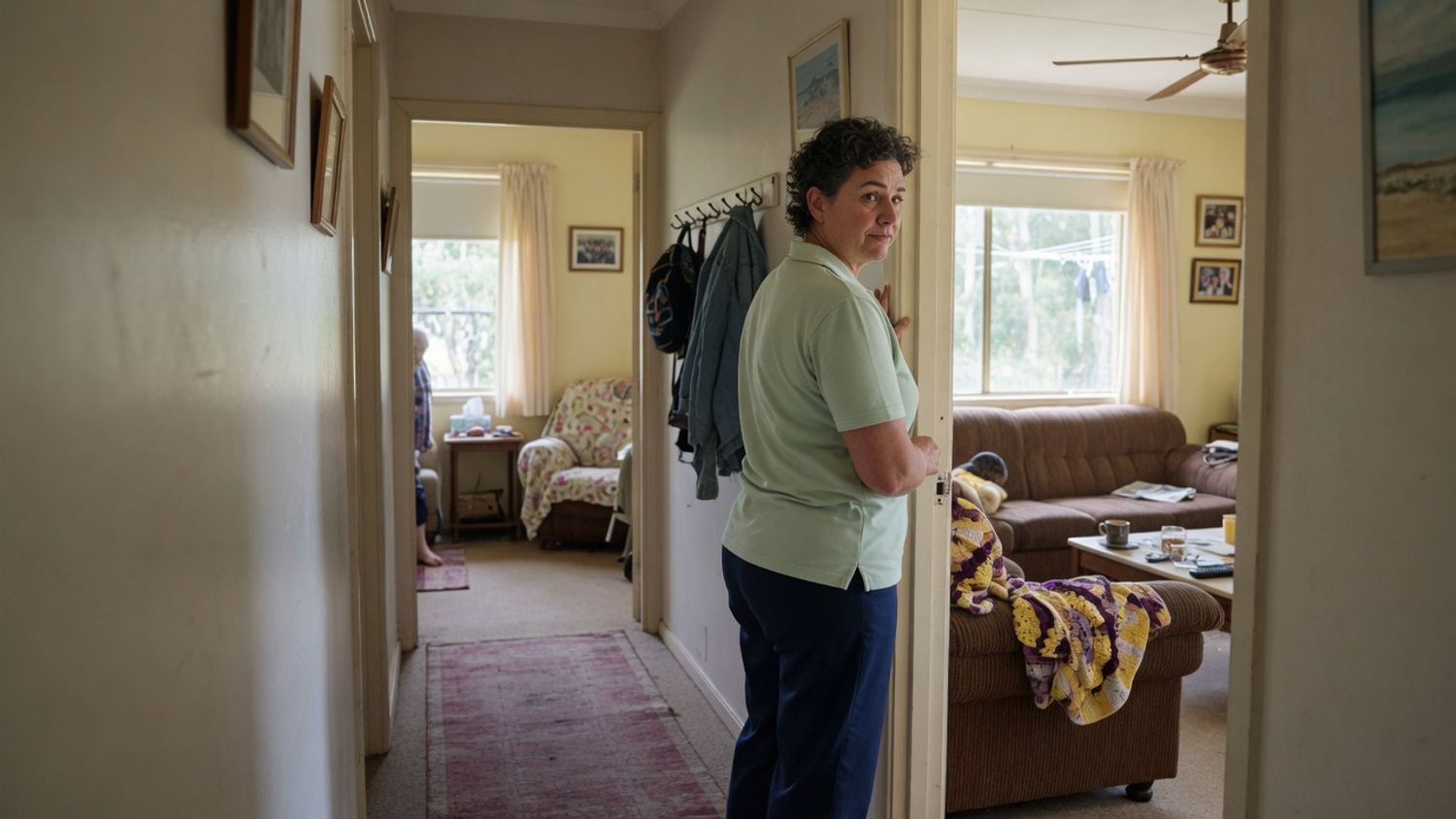 Support worker calmly observing a client's living room from the hallway