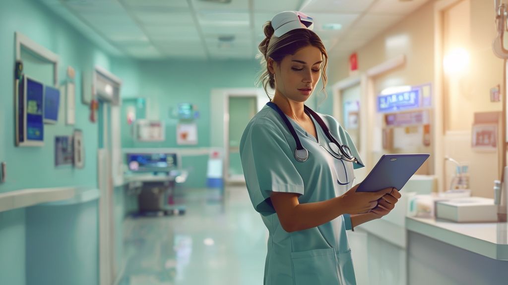 A nurse in a hospital setting using a digital tablet to check policy information efficiently.