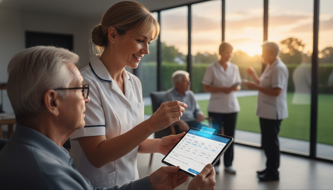 Caregiver using tablet for senior care coordination.