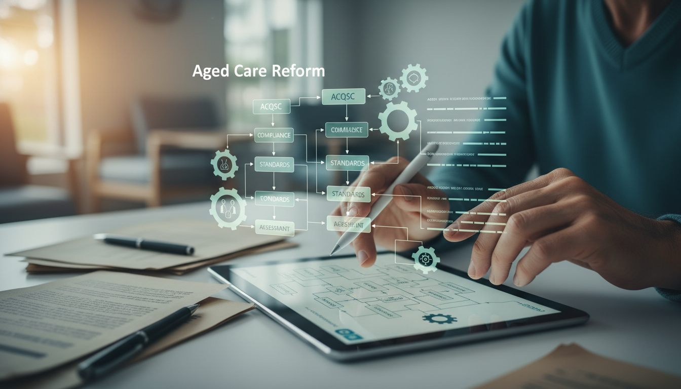 A person interacting with a digital tablet displaying a complex flow chart related to aged care reform and regulatory processes, with text overlays like "ACQSC", "Compliance", and "Standards".