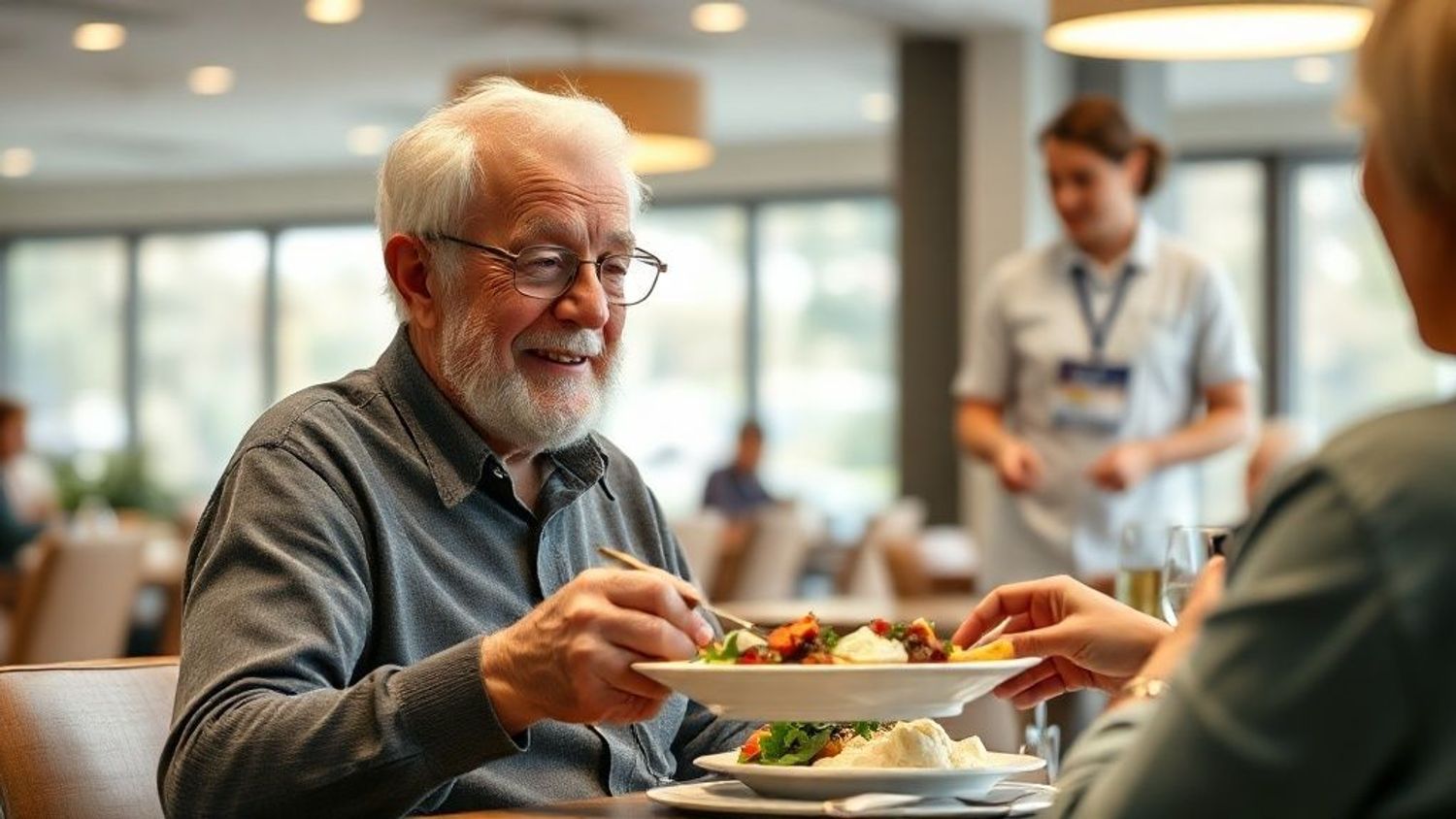 Smiling aged care resident enjoying a nutritious meal.