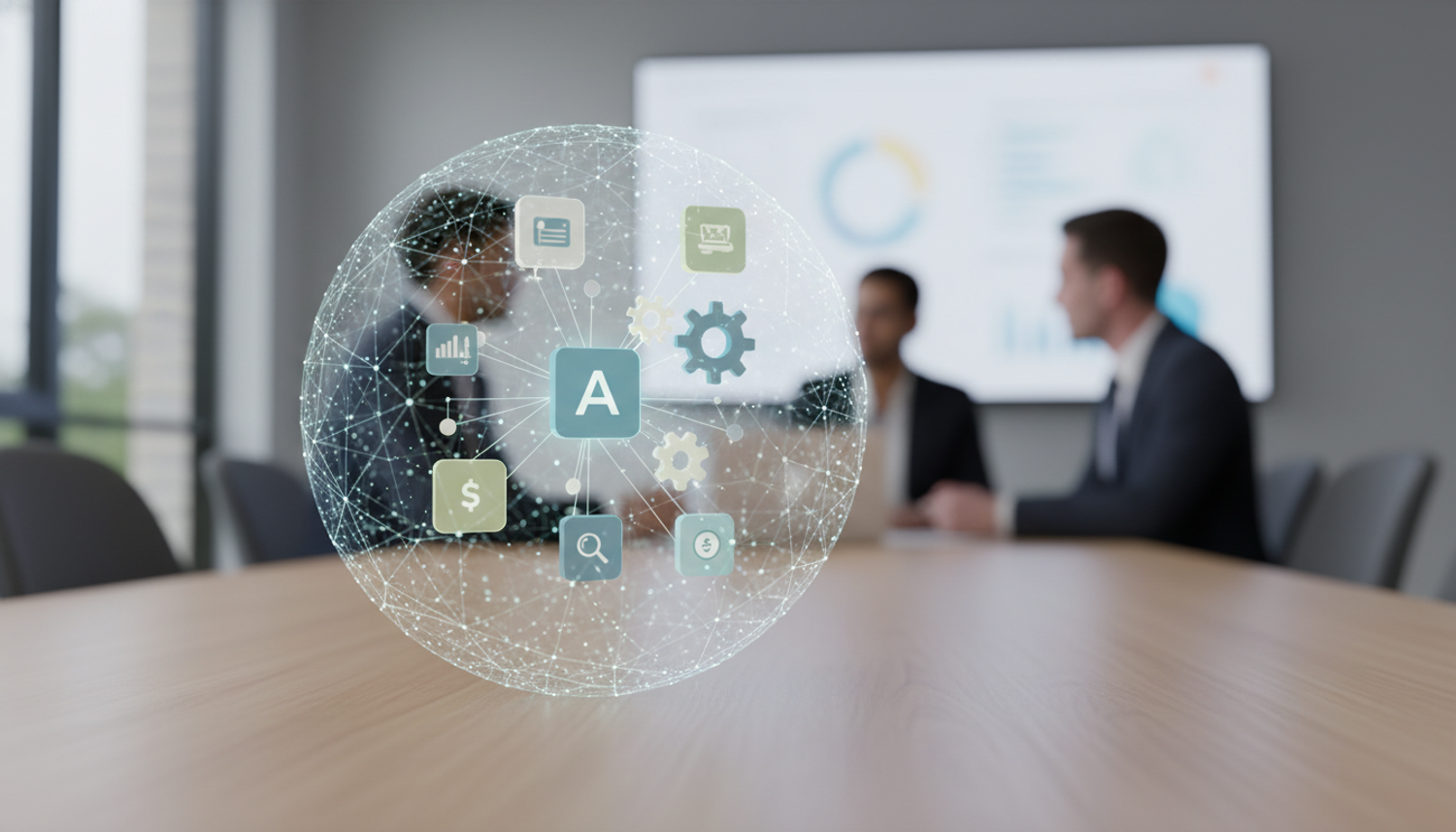 A sphere representing data and connectivity, with various icons related to business and finance, overlaid on a blurred image of people in a meeting room.