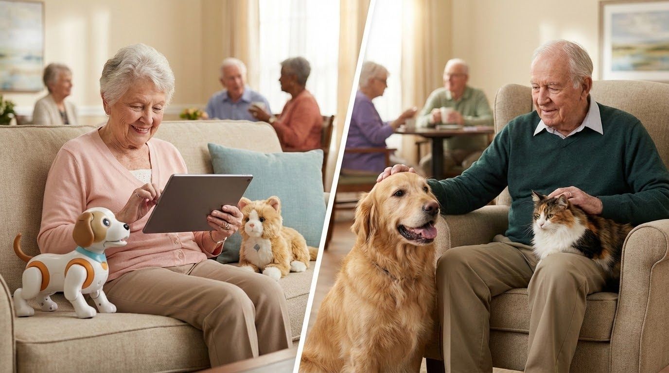 Healthcare AI robot pets offer companionship for seniors.