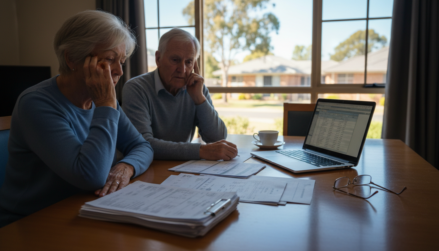 An elderly couple looking concerned while reviewing financial documents and a laptop at a table.