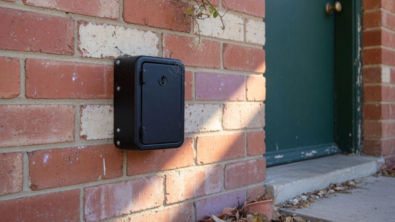 Residential key safe at a front door used in key safes home care entry protocols