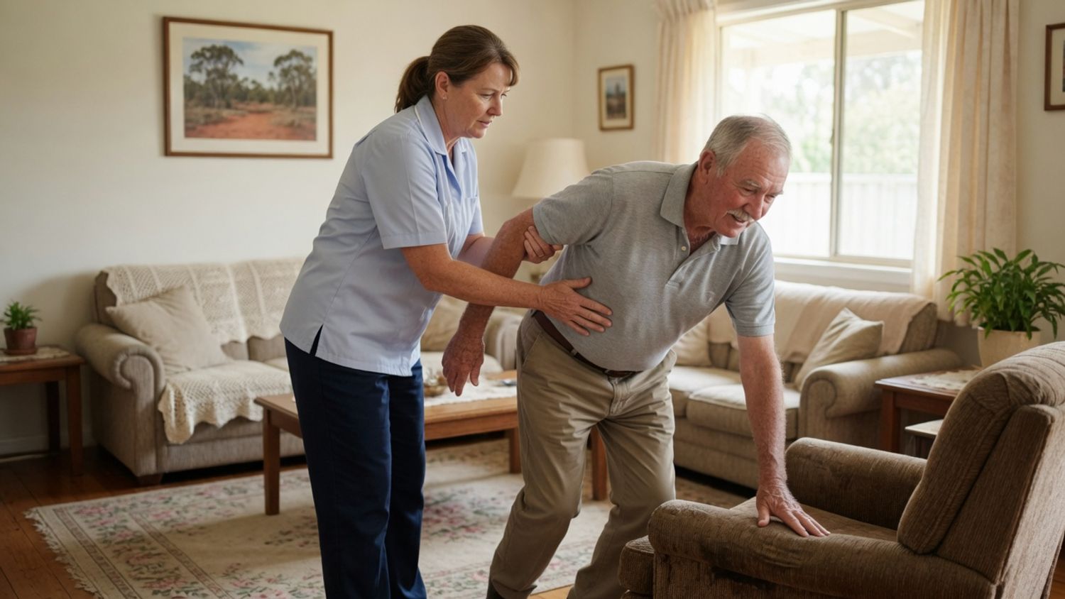 A care worker steadying an older man as he rises from an armchair in a bright living room