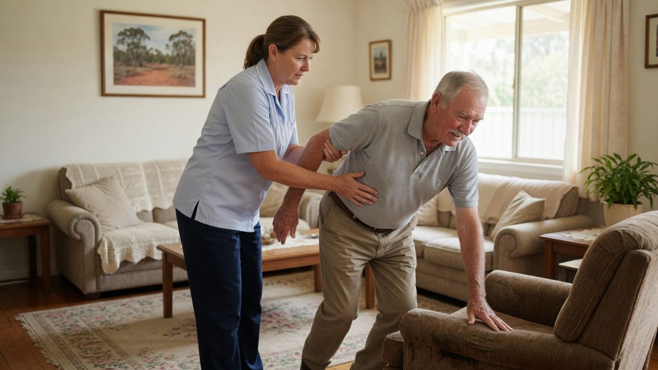 A care worker steadying an older man as he rises from an armchair in a bright living room