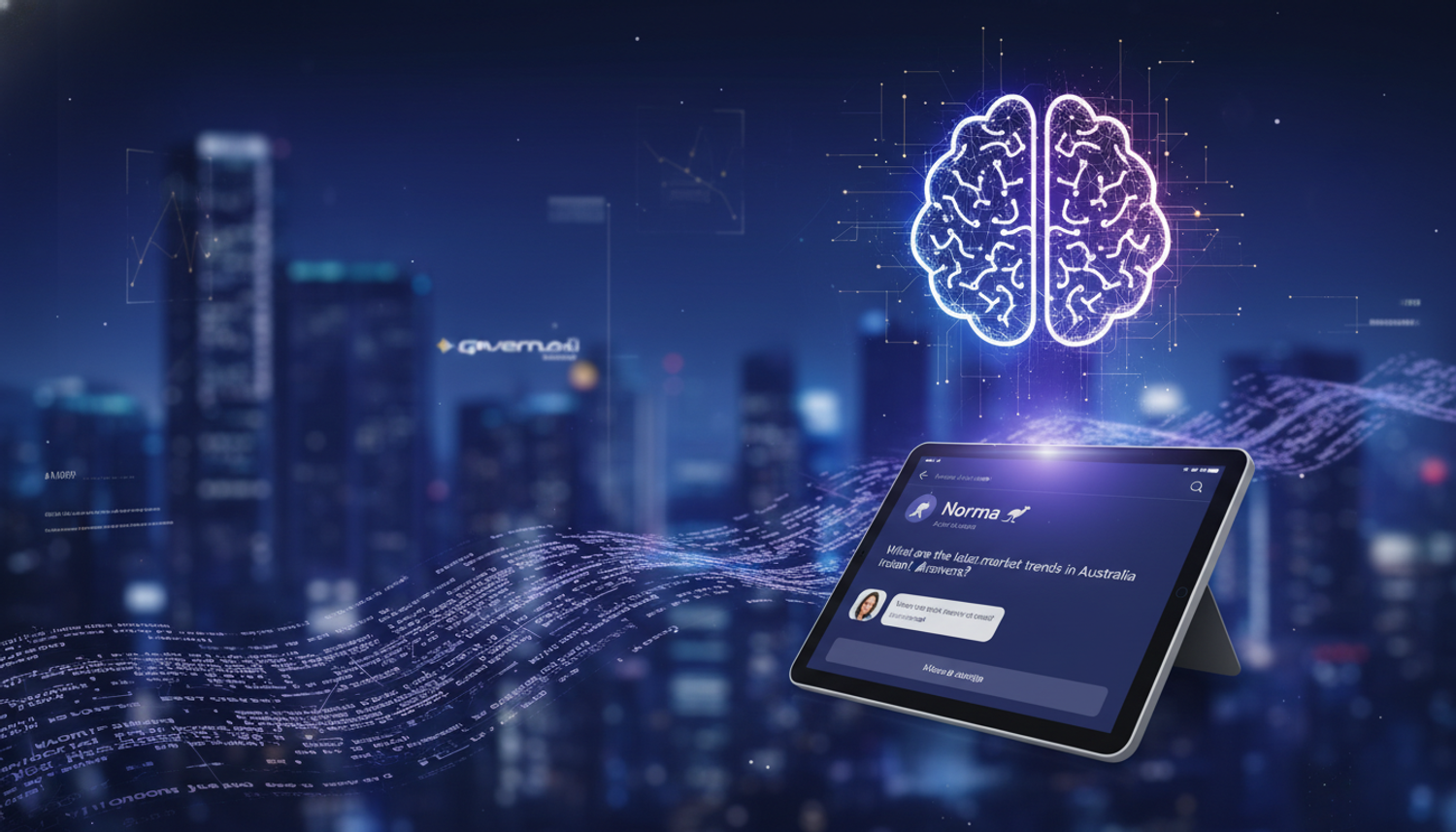 Governa AI brain icon and tablet showing Norma assistant.