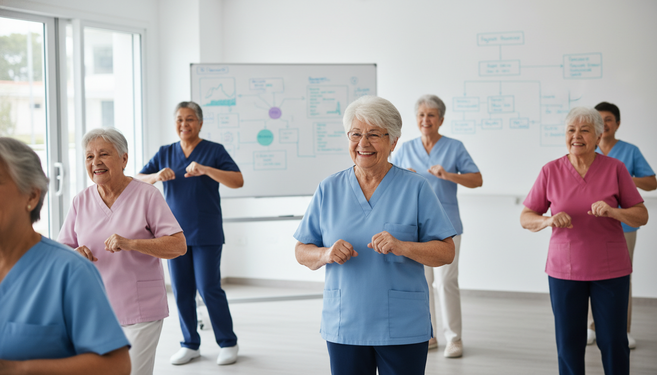 Gemma AI supporting seniors in a group exercise session.