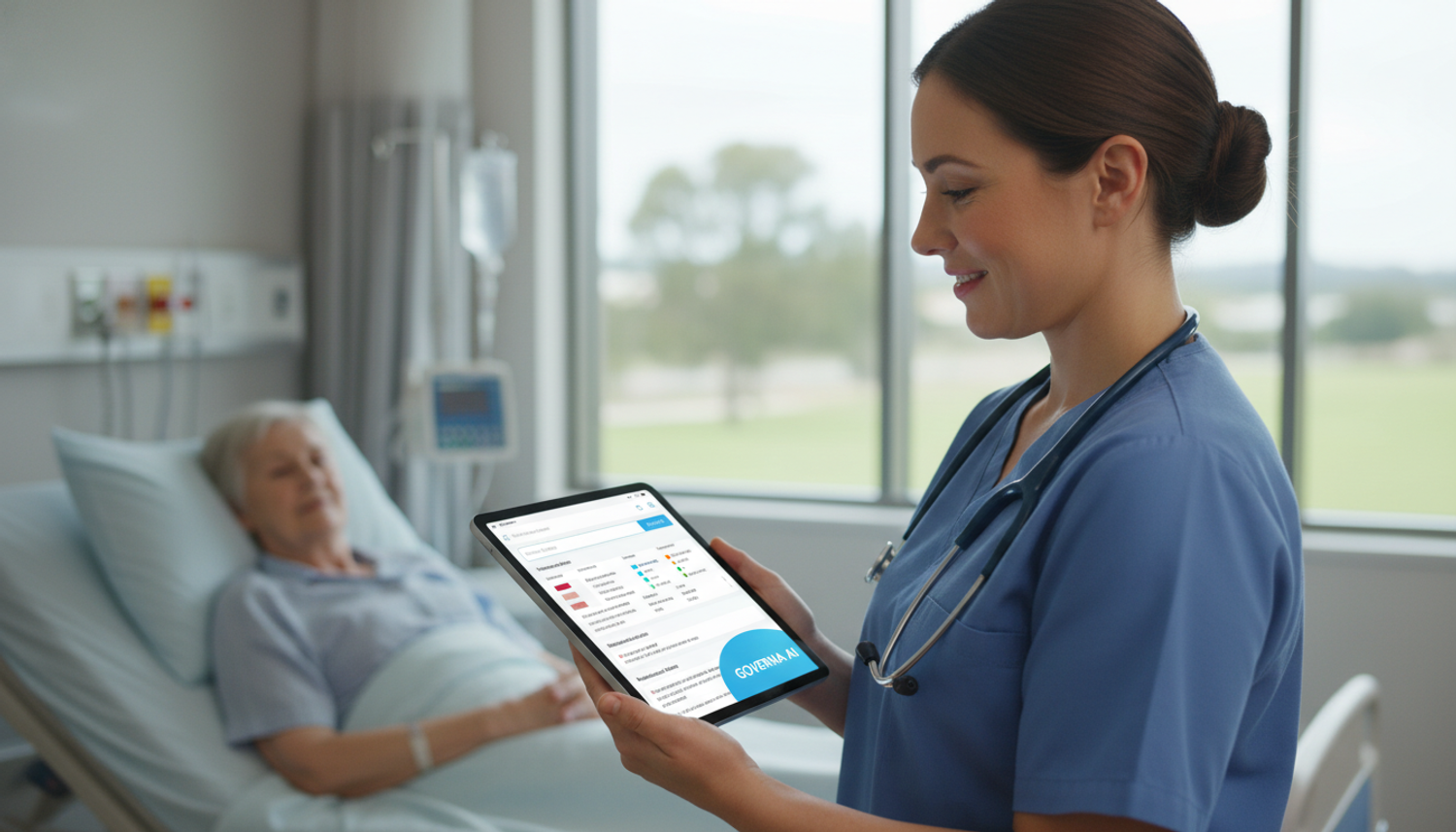 Nurse uses Gemma AI on a tablet at a patient's bedside.