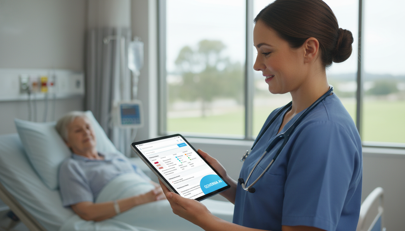 Nurse uses Gemma AI on a tablet at a patient's bedside.