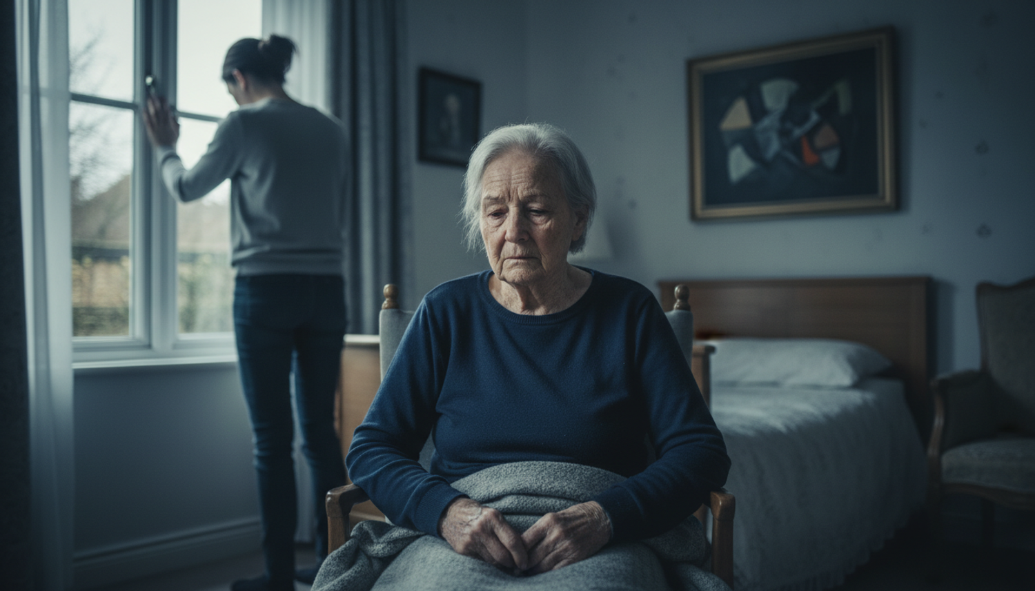 An elderly woman with a somber expression sitting in a chair, with a younger person looking out a window in the background, conveying the emotional toll of dementia on both the sufferer and caregiver.