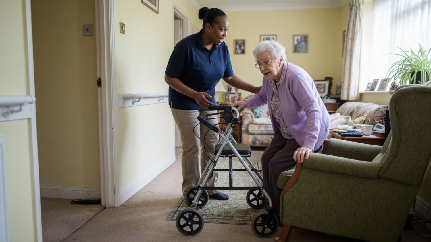Home care worker steadying an older woman as she stands from an armchair, an example of safe manual handling in client homes