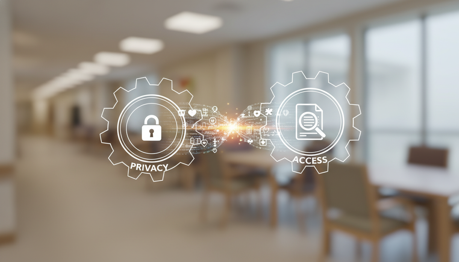 Two interlocking gears, one labeled "Privacy" with a lock icon, the other labeled "Access" with a document icon, symbolizing the balance in aged care data management. The background is a softly blurred aged care facility common area.
