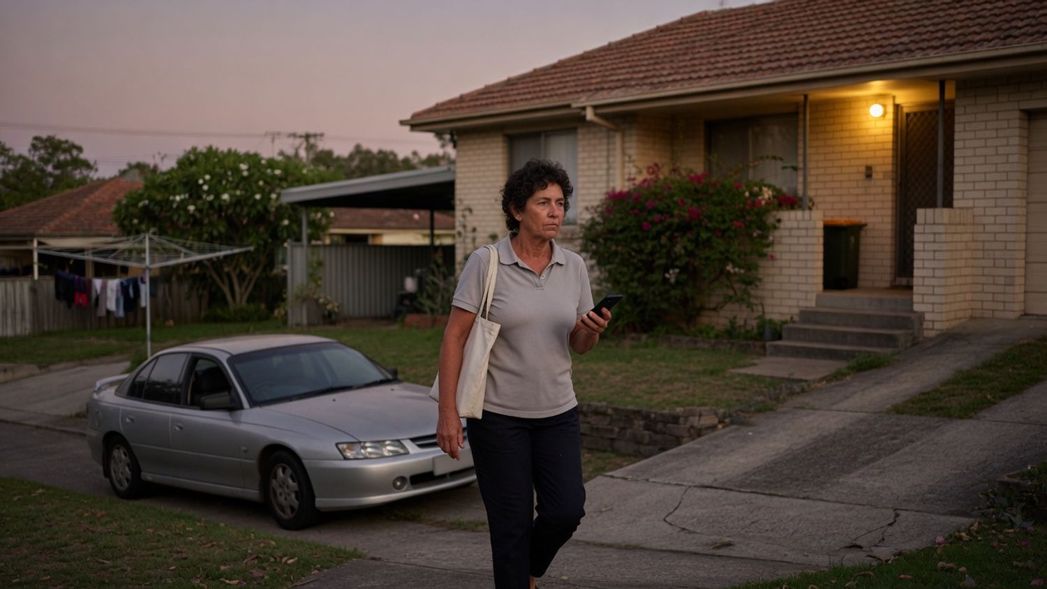 A care worker walking up a suburban driveway towards a house at dusk with a phone in hand