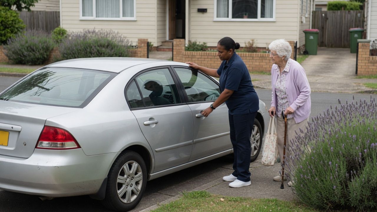 Home care worker opening the rear door of a silver sedan for an older woman with a walking stick, client transport home care