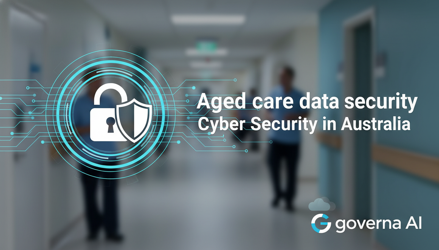 A secure lock icon superimposed over a blurred image of an aged care facility hallway, symbolizing aged care data security.