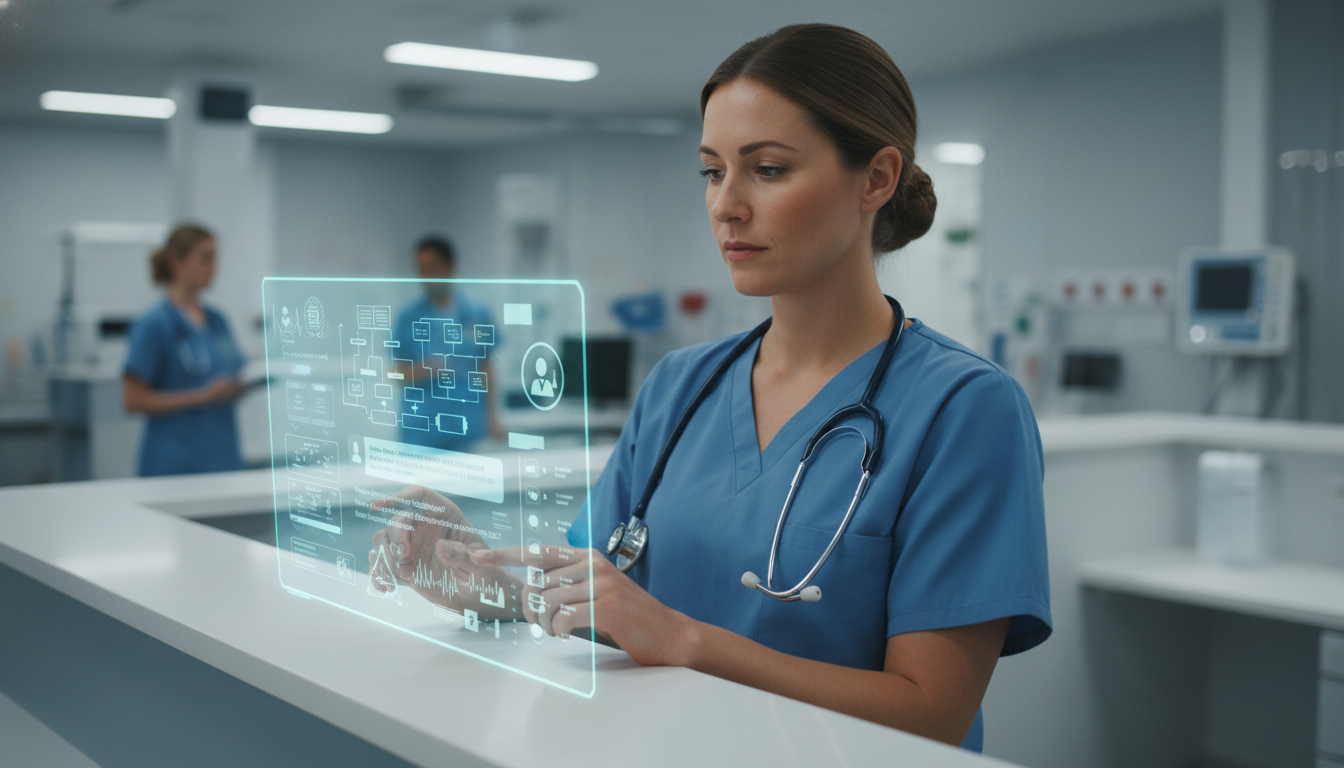 Nurse analyzing policy mapping on a transparent screen.