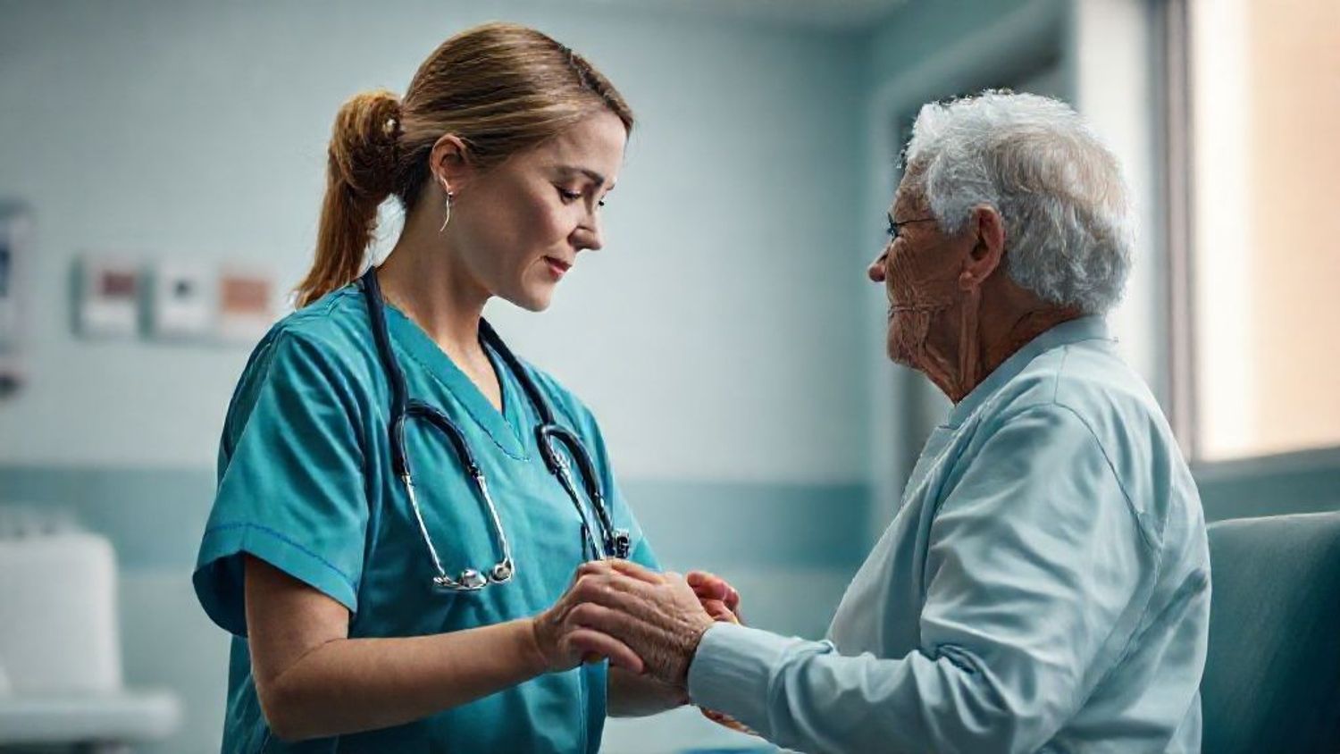 A nurse providing care and support to an elderly resident in a residential facility.