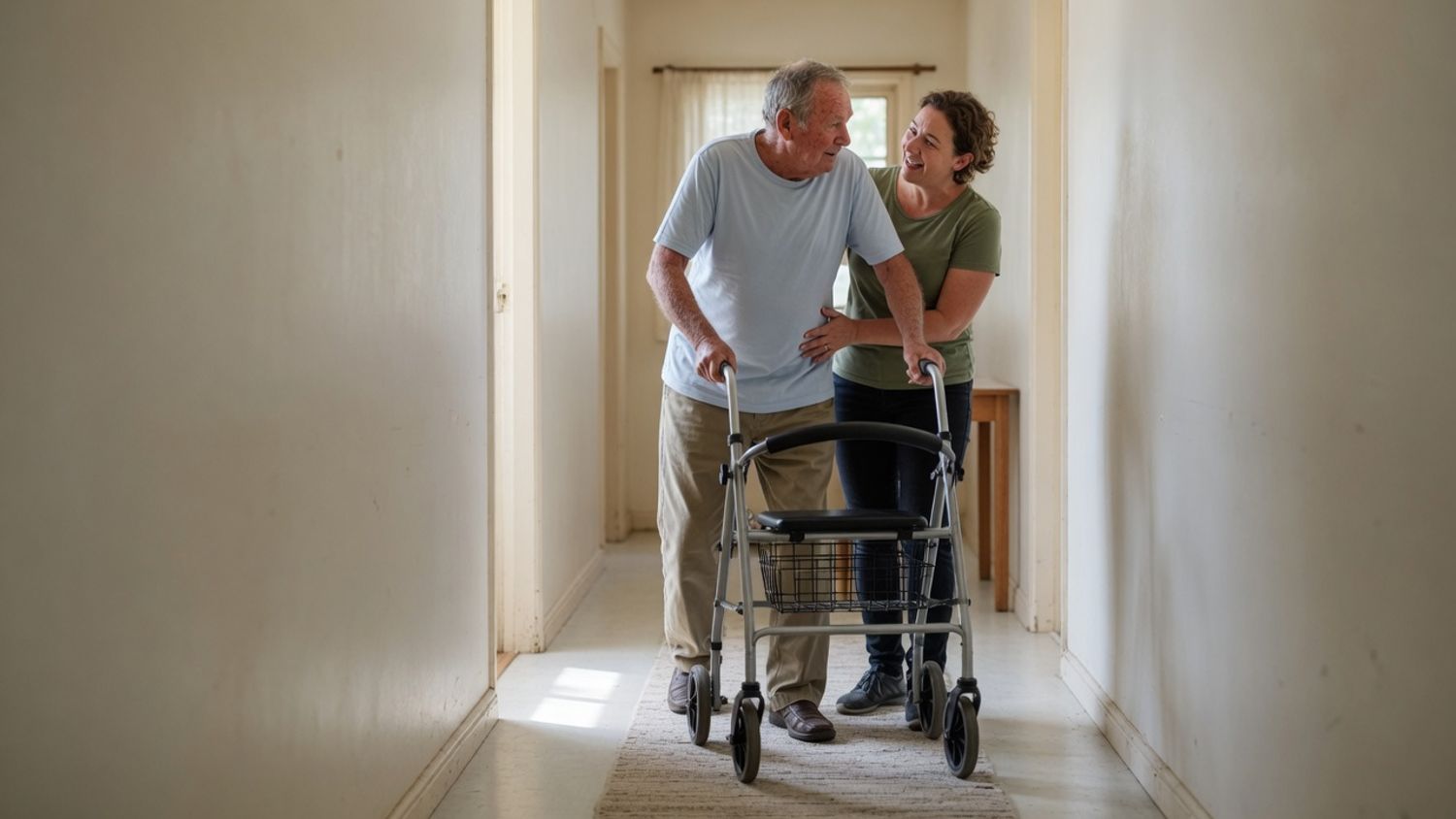 A physiotherapist supporting an older man as he walks along a hallway with a four-wheel frame