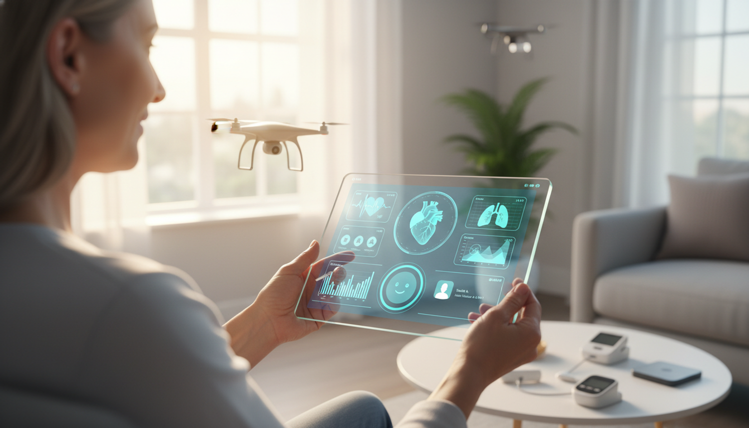 Remote health monitoring with transparent tablet and drone.