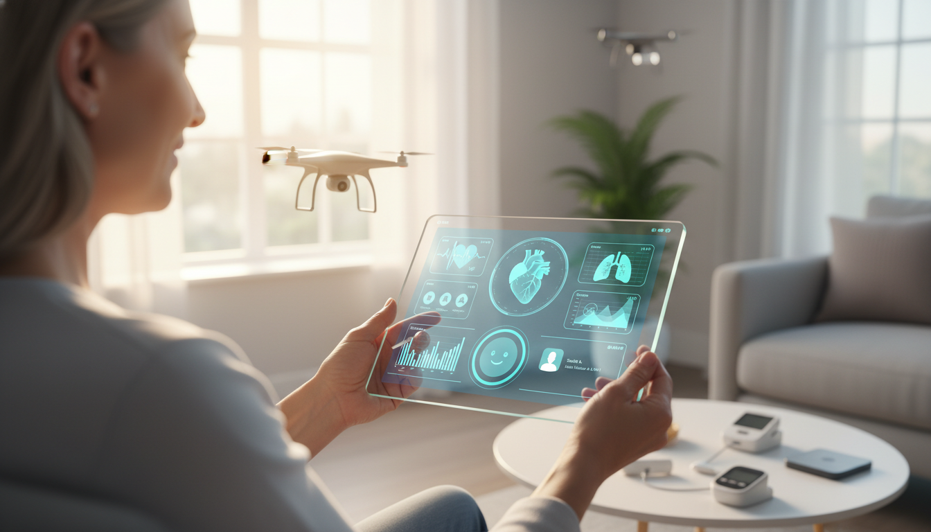 Remote health monitoring with transparent tablet and drone.