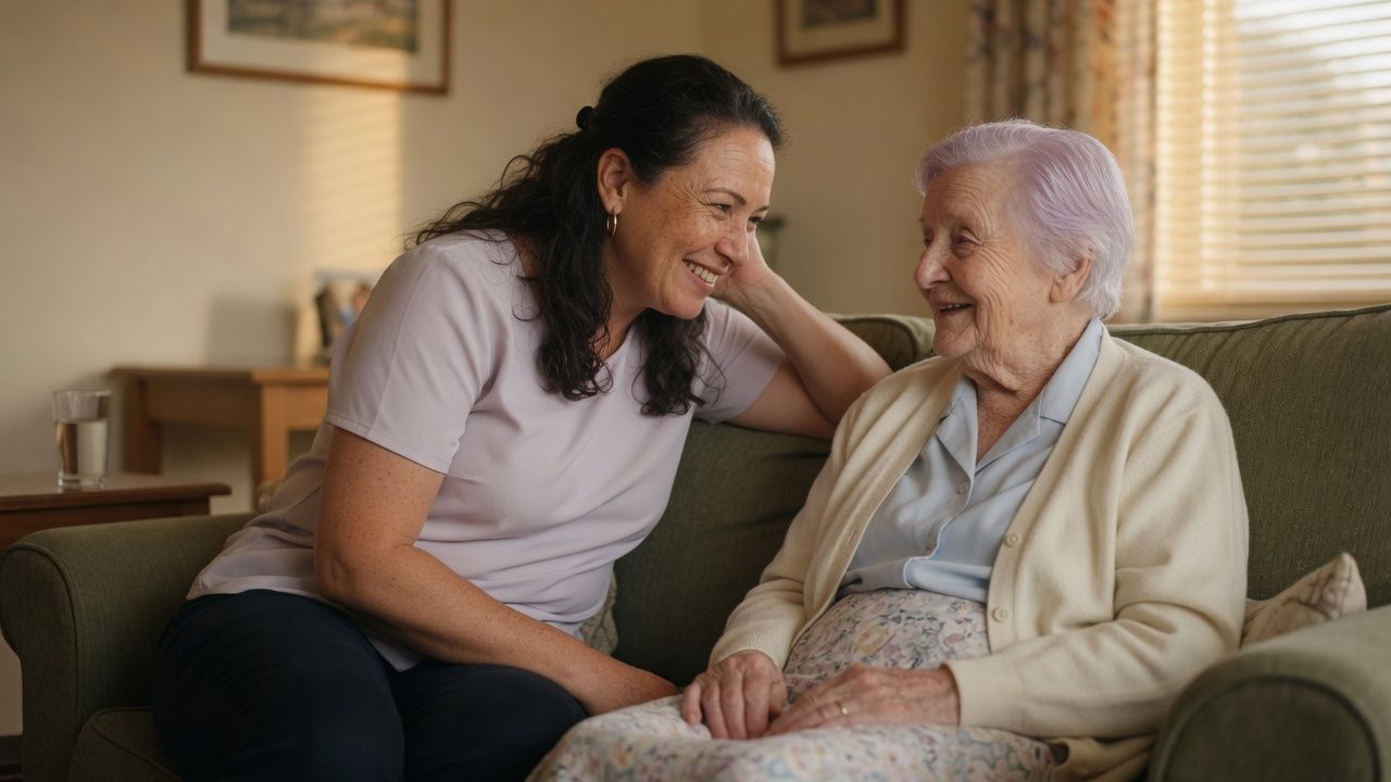 An adult daughter sitting beside her elderly mother on a couch, listening closely