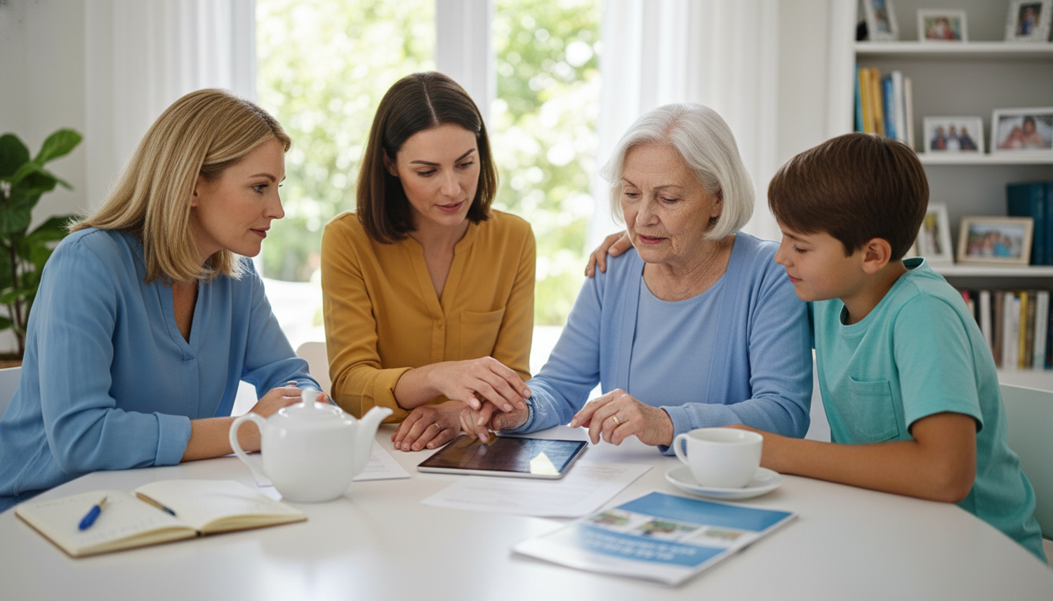 A family, including an elderly woman, two adult women, and a young boy, gathered around a table looking at a tablet and documents, discussing aged care planning.