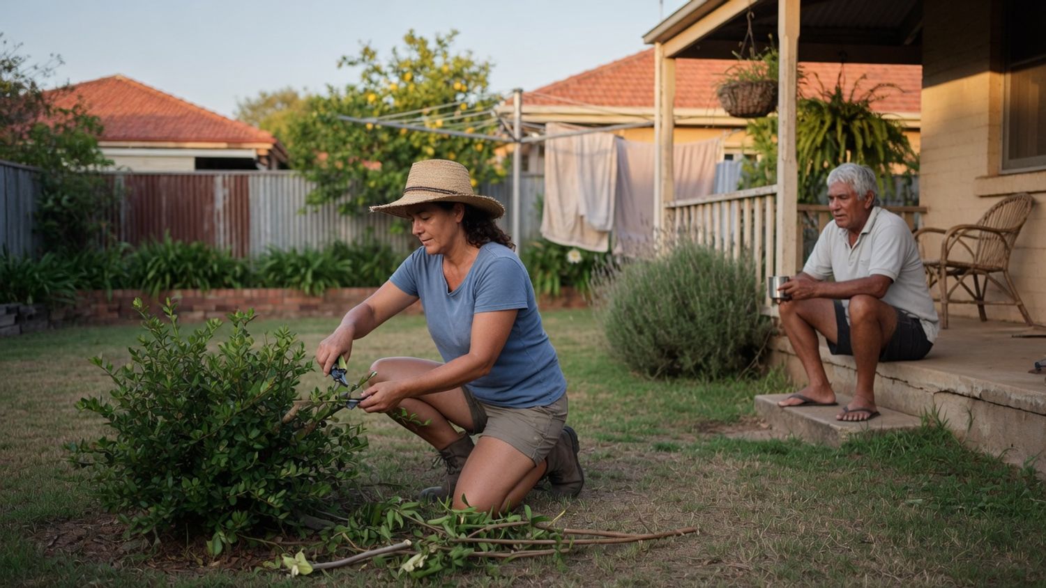 A gardener pruning a shrub in a backyard while an older man watches from the verandah