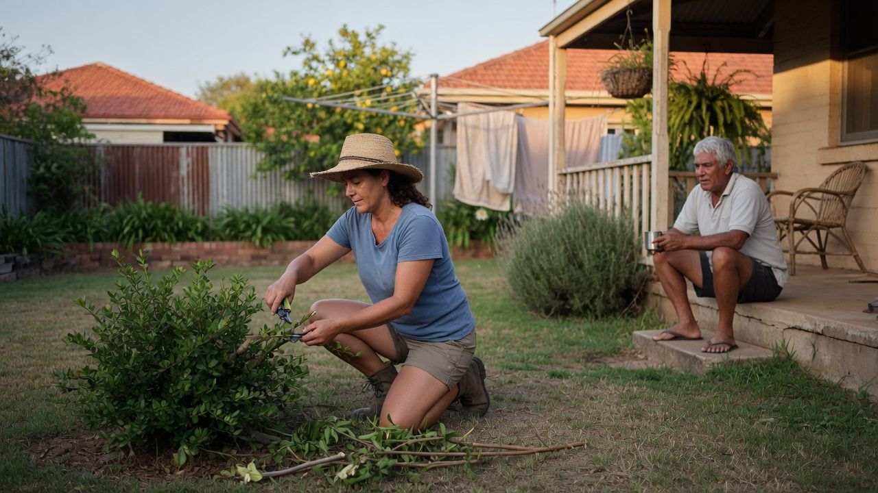 A gardener pruning a shrub in a backyard while an older man watches from the verandah