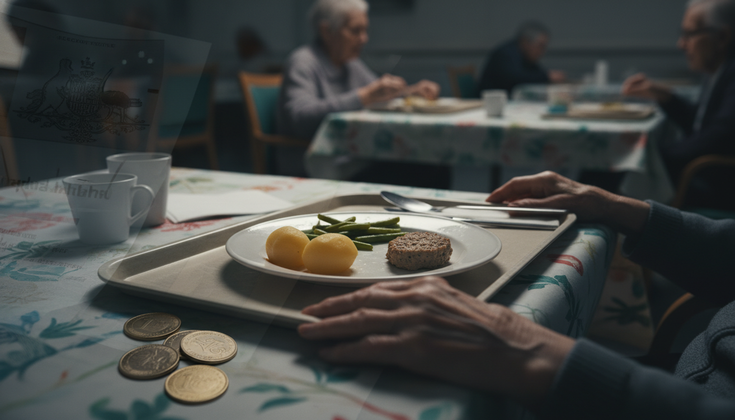 A tray with a simple meal of meat and vegetables in an aged care dining room, with Australian currency and Royal Commission documents overlaid, symbolizing funding issues.