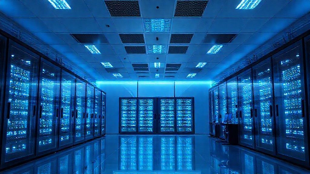 Cybersecurity data center with blue glowing server racks.