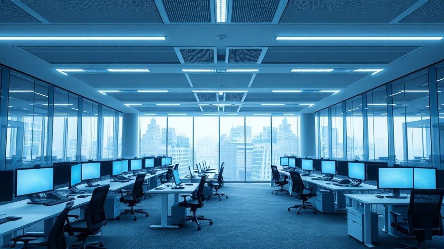 Modern open plan office with workstations and city view.