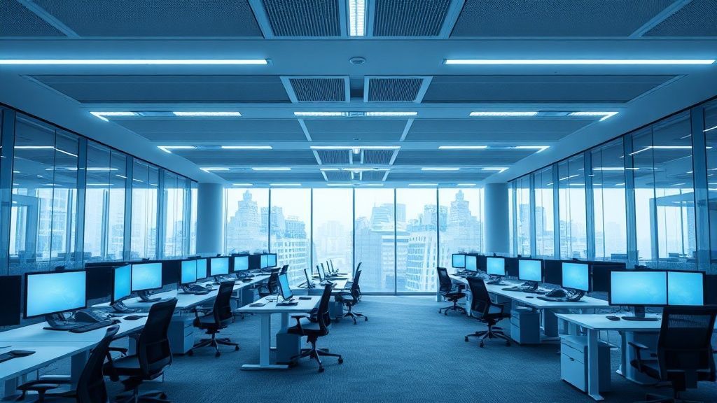 Modern open plan office with workstations and city view.
