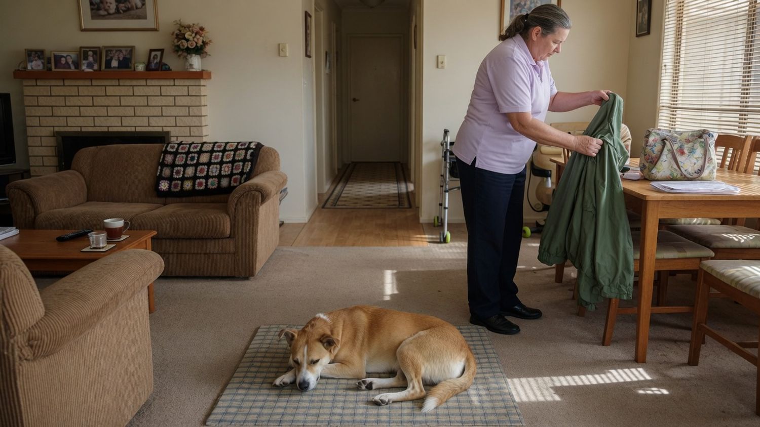 Dog secured during pets home care visits while a worker prepares to start care