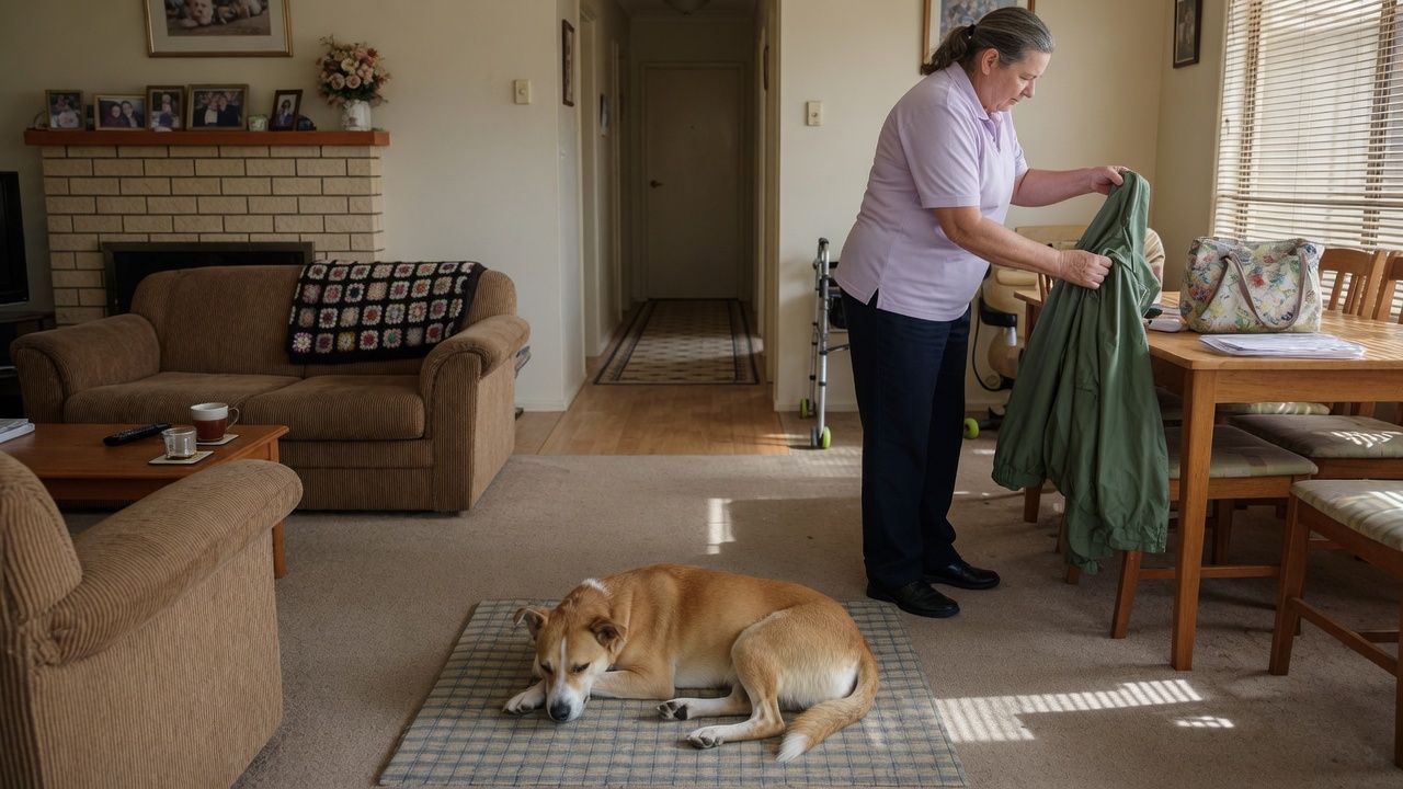 Dog secured during pets home care visits while a worker prepares to start care