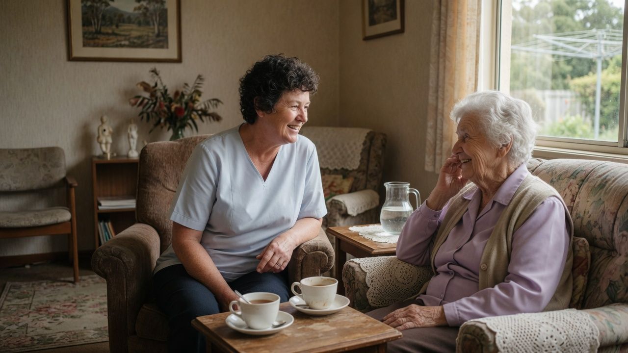 A care worker sitting in an armchair talking with an older woman over cups of tea