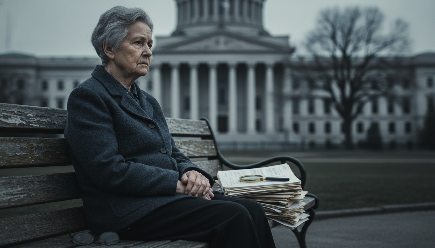 An elderly woman sits on a bench before a government building