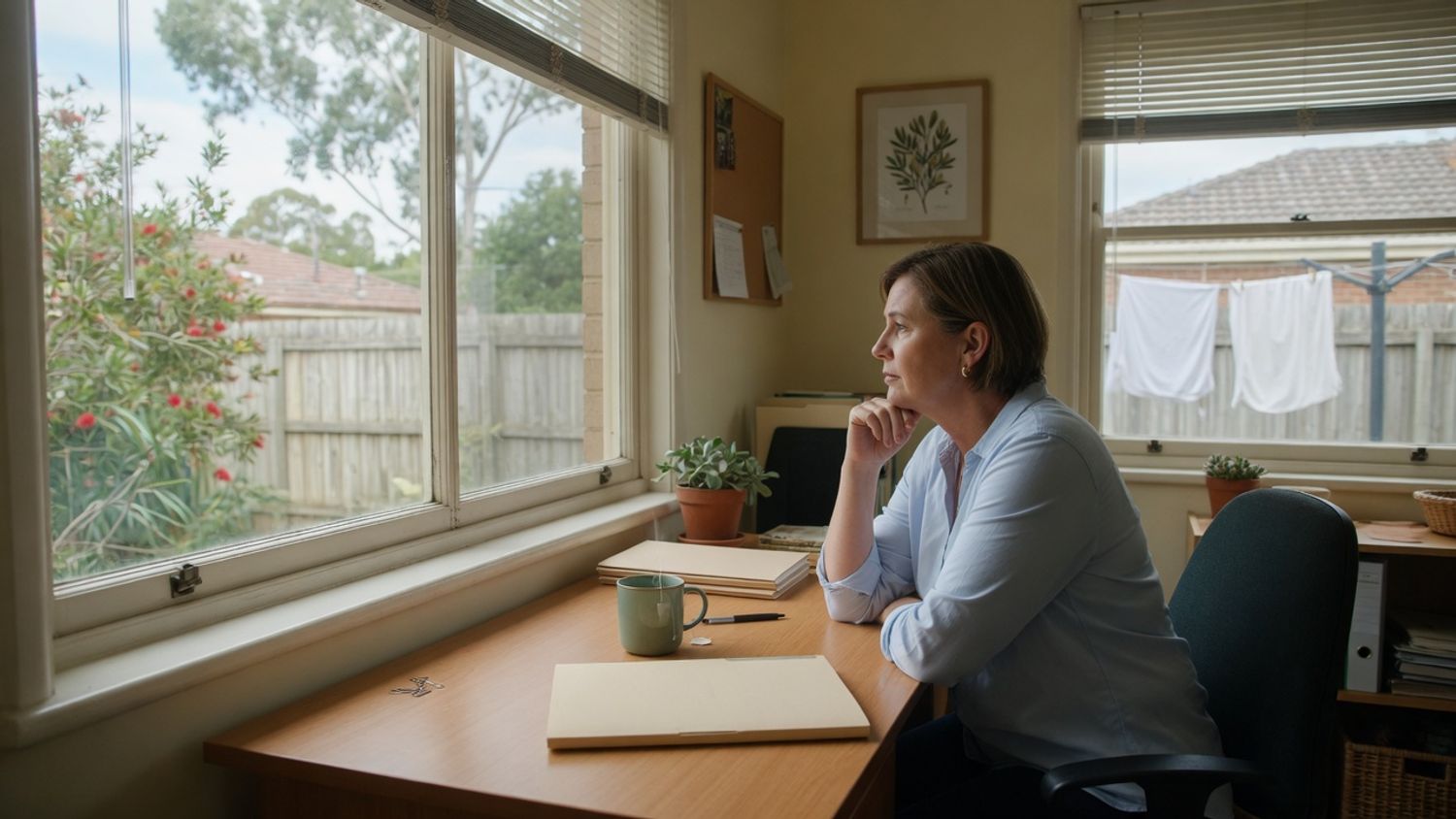 Home care manager at a tidy desk considering compliance evidence