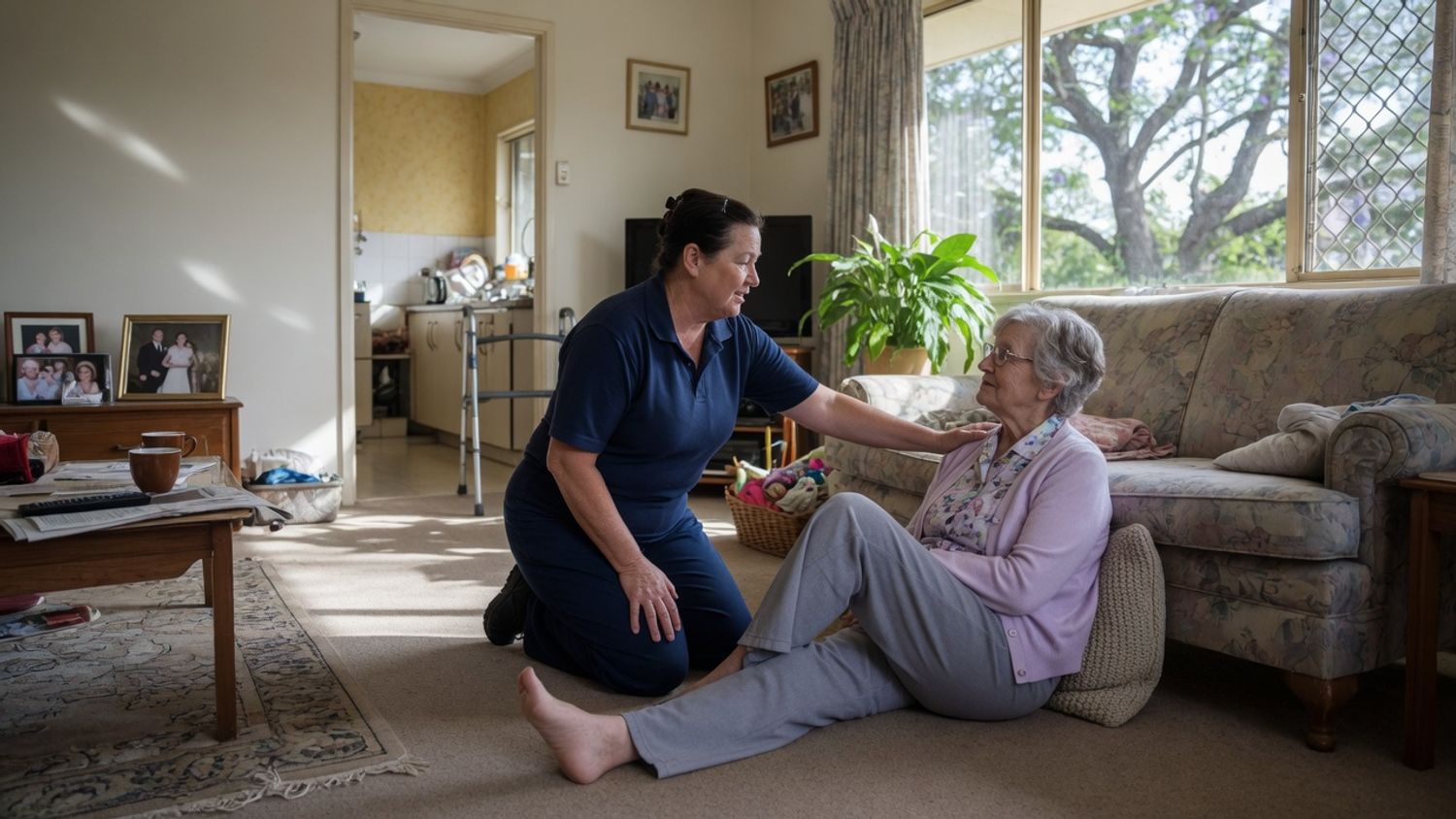 Home care worker in navy clothing giving fall response support to an older client seated safely on a lounge room floor