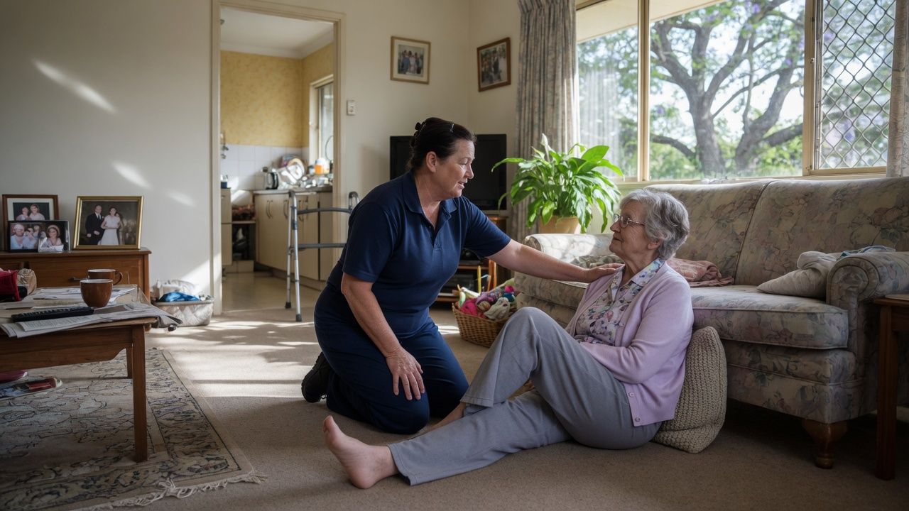 Home care worker in navy clothing giving fall response support to an older client seated safely on a lounge room floor